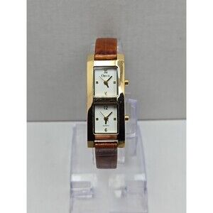 Womens Orvis Dual Time Tank Quartz Watch Gold Tone Brown Leather New Batteries